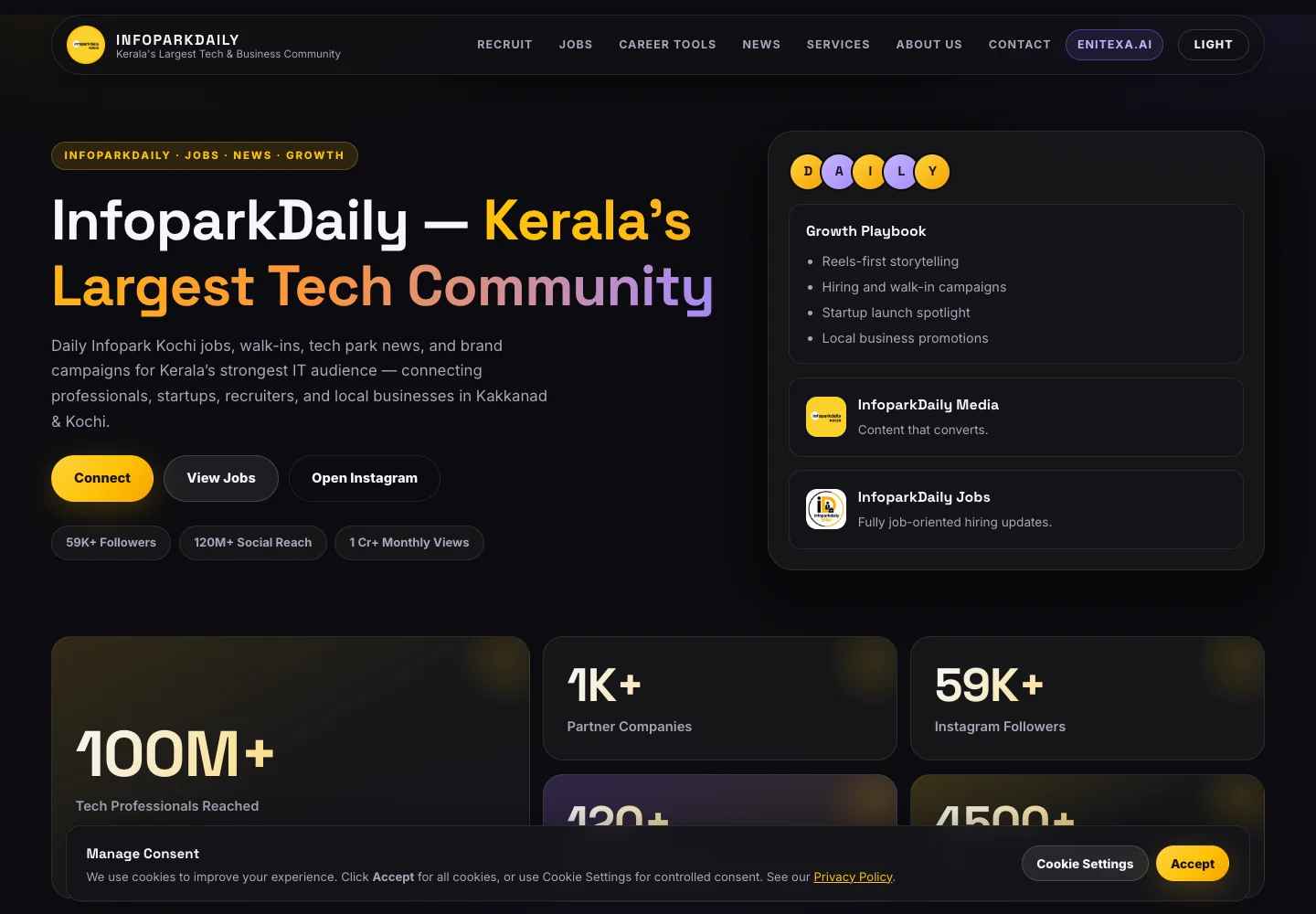 Actual InfoparkDaily homepage, desktop view