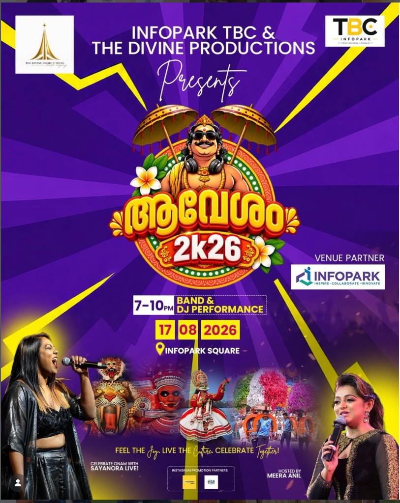AAVESHAM 2K26 promo poster — live band and DJ at Infopark Square, 7 to 10 PM